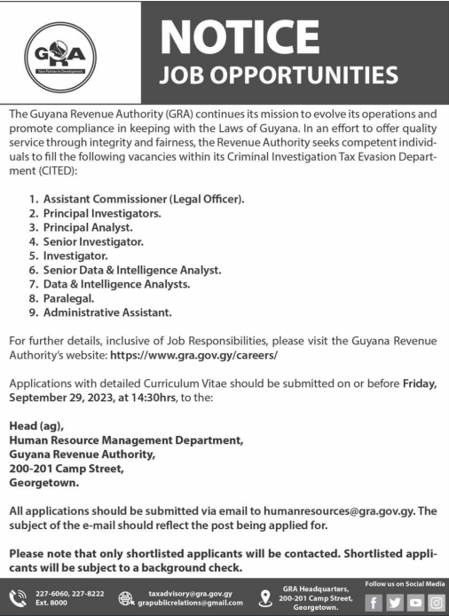 CAREER OPPORTUNITIES Guyana Revenue Authority