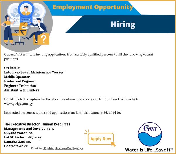 Guyana Water Inc. job vacancies