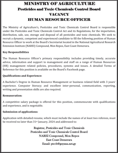  Vacancy Human Resource Officer at the Pesticides and Toxic Chemicals Control Board 