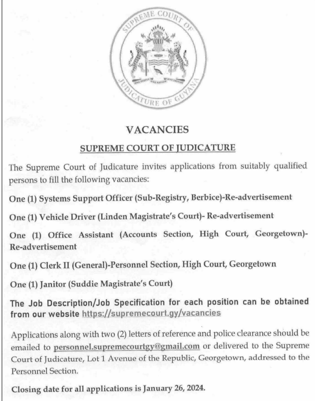 Supreme Court Of Judicature Of Guyana   Vacancies