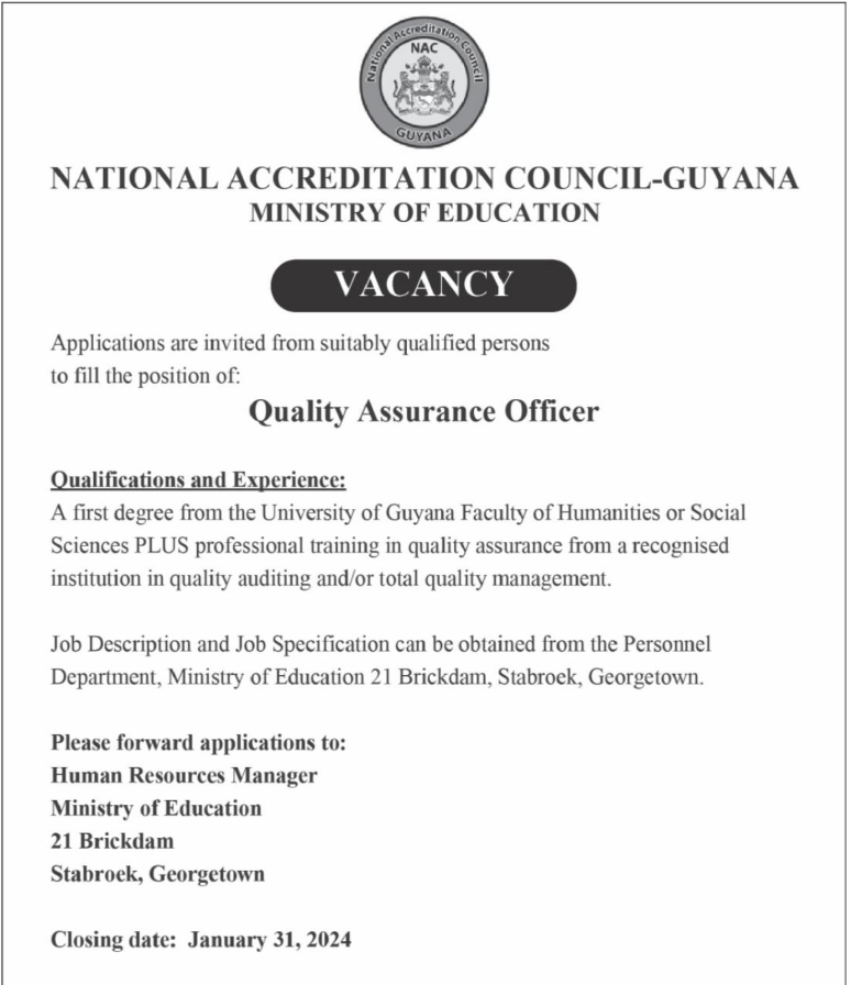 Quality Assurance Officer Vacancy National Accreditation Council Guyana