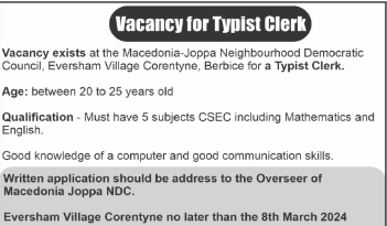 Exciting Opportunity for Typist Clerk at Macedonia Joppa NDC