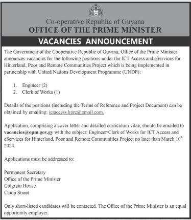 Employment Opportunities with the Office of the Prime Minister