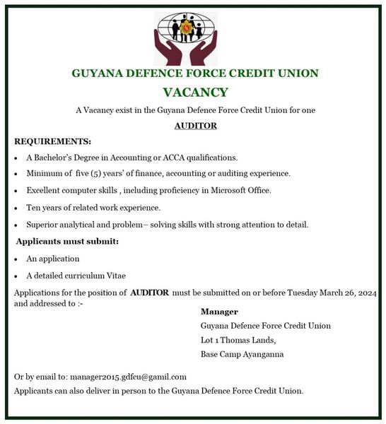 Guyana Defence Force Credit Union Vacancies