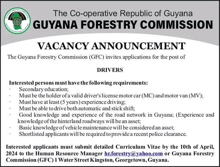 Guyana Forestry Comission Hiring Driver