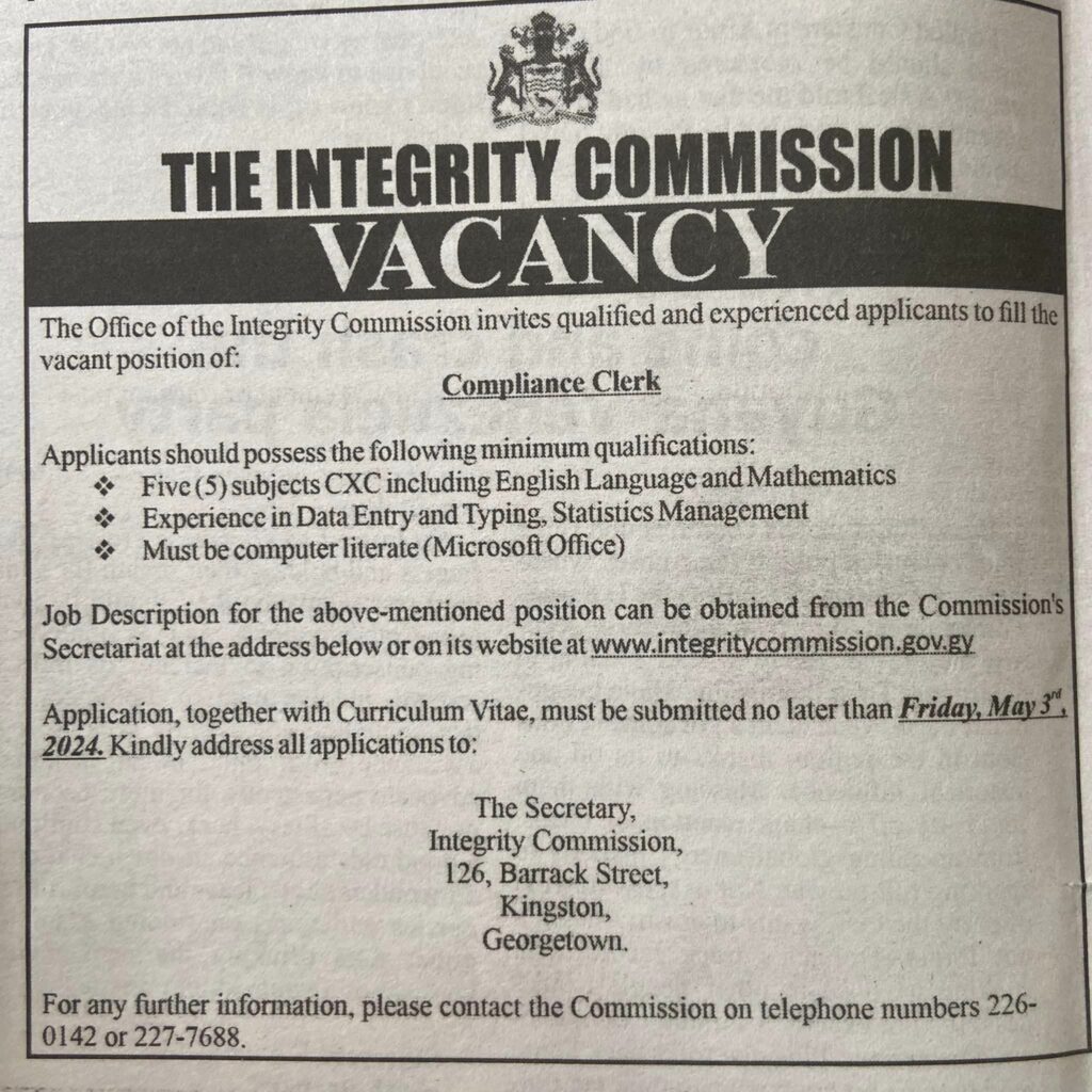 Office of the Integrity Commission Hiring Compliance Clerk