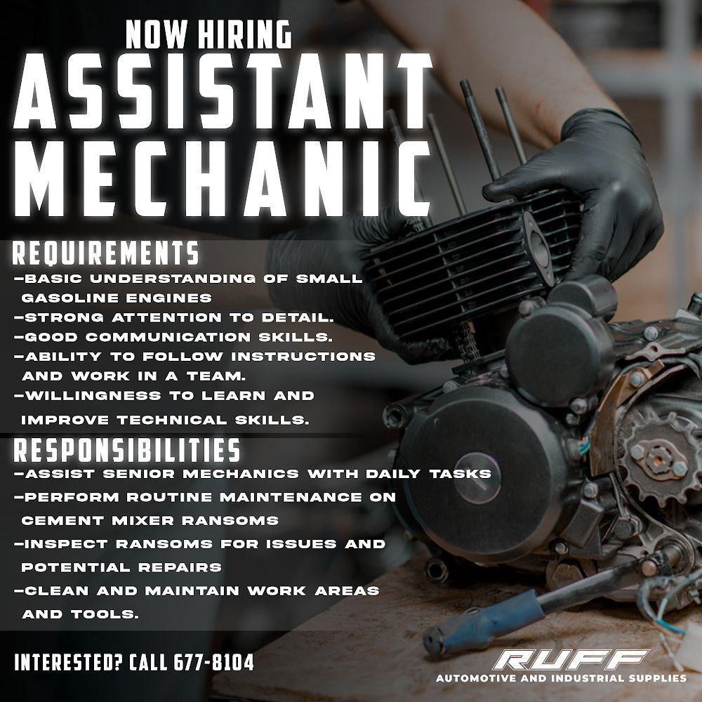 Join Our Team At Ruff Automotive And Industrial Supplies As an Assistant Mechanic 