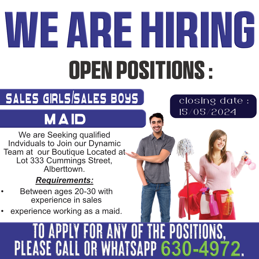 Vacancies for sales staff and maid 